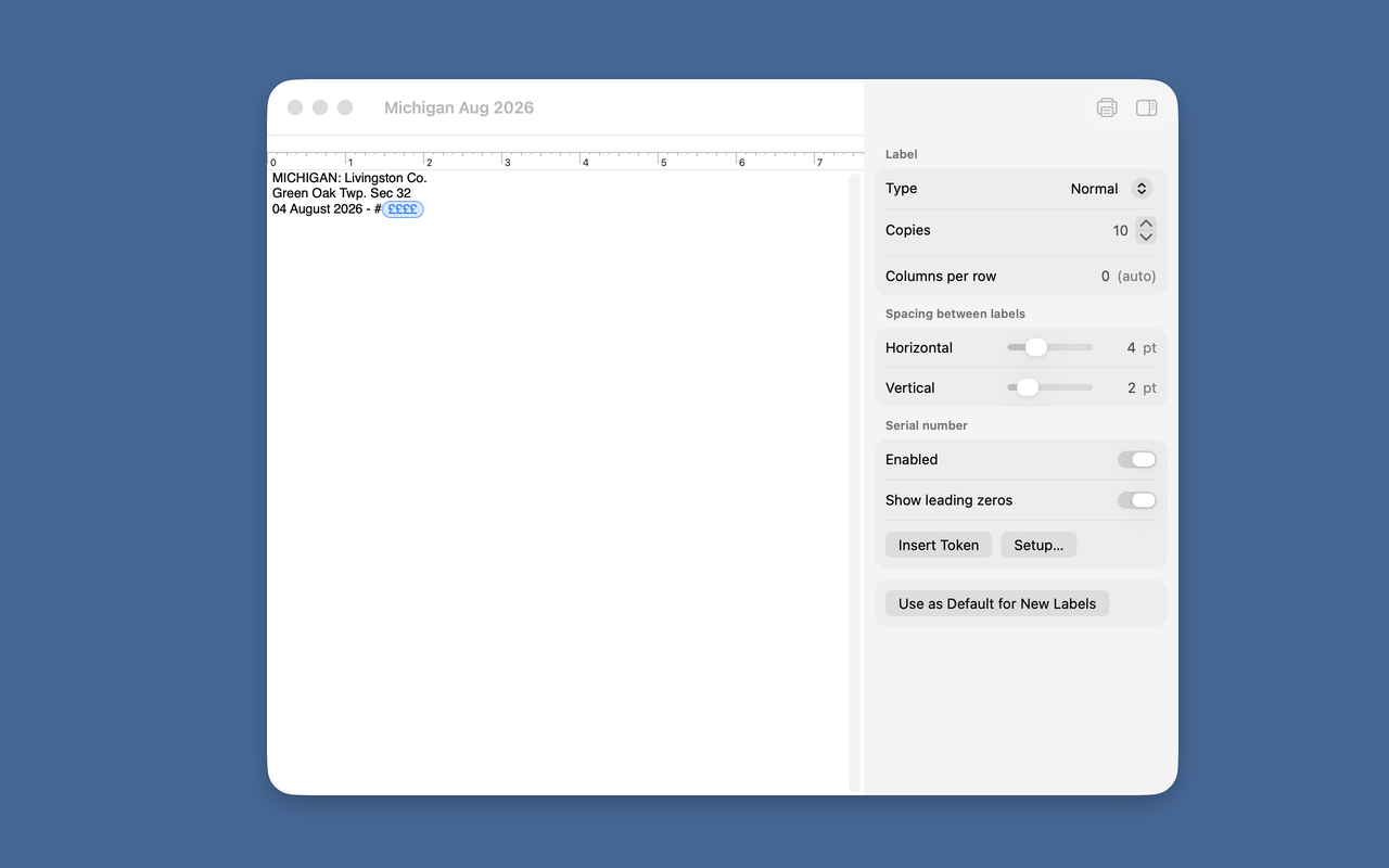EntoPrint screenshot: label editor with the settings inspector for copies, columns, spacing, and serial numbers