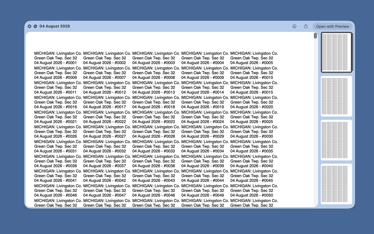 EntoPrint screenshot: print preview of serially numbered locality labels in columns