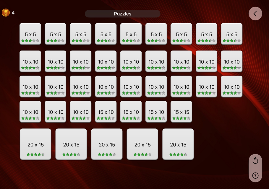 Nanogram HD on an open iPhone Duo: a puzzle pack with puzzles from 5 by 5 to 20 by 15