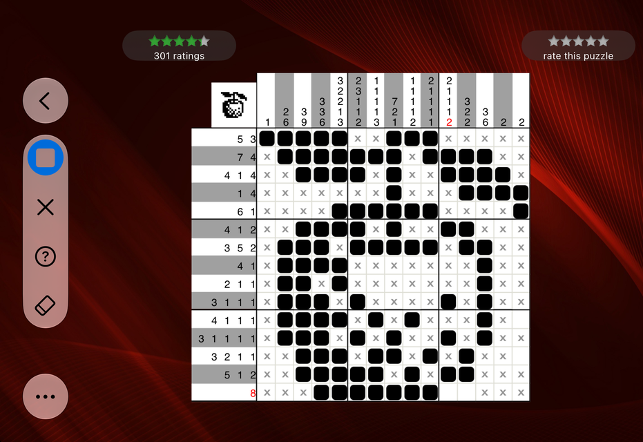 Nanogram HD screenshot: a 15 by 15 puzzle in landscape with the puzzle tools on the side