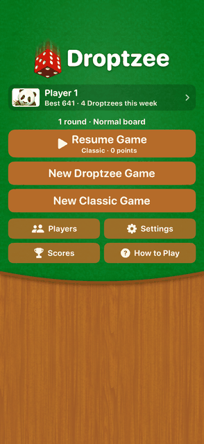 Droptzee screenshot: Home screen with Resume, New Droptzee Game, New Classic Game, Players, Settings, Scores and How to Play