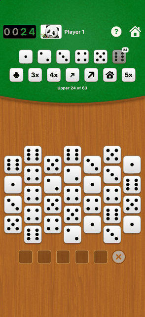 Droptzee screenshot: A Droptzee game with five touching dice picked on the board