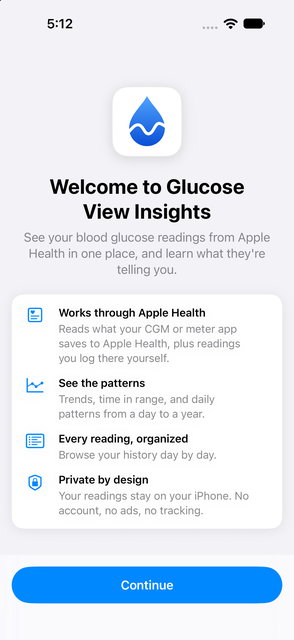 Glucose View Insights screenshot: Welcome screen