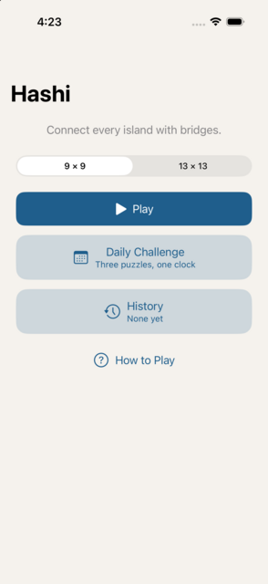 Hashi screenshot: Home screen with puzzle size, Play, Daily Challenge, and History