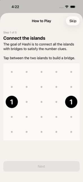 Hashi screenshot: Interactive How to Play tutorial